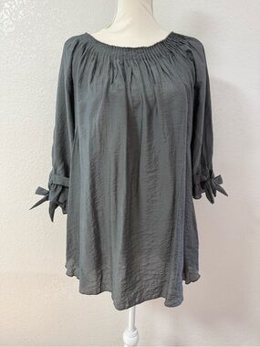 PAISLEY VINE Gray Solid Peasant Blouse 3/4 Sleeve Bow Cuffs Round Neck S